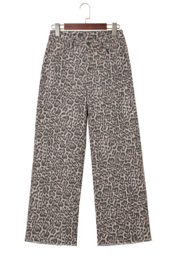 Brown Leopard/ Polka Dot Frayed Edge Wide Leg High Waist Jeans