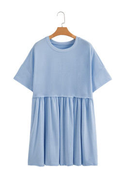 Sky Blue Solid Color Pocket Raw Edge Babydoll Dress