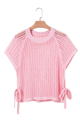 Pink Side Tie Hollow-out Crochet Knit Top