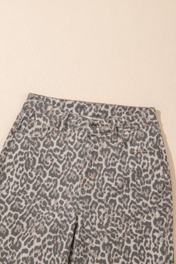 Brown Leopard/ Polka Dot Frayed Edge Wide Leg High Waist Jeans