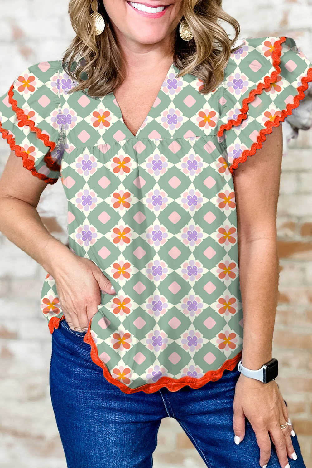 Blusa boho amb màniga flutter de Ric Rac amb estampat floral geomètric verd
