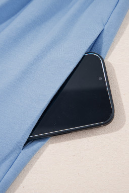 Sky Blue Solid Color Pocket Raw Edge Babydoll Dress