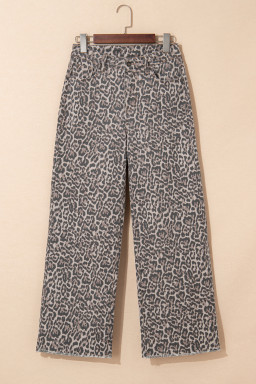 Brown Leopard/ Polka Dot Frayed Edge Wide Leg High Waist Jeans