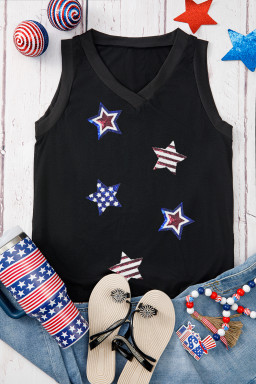 Black Sequin American Flag Star Patched V Neck Tank Top