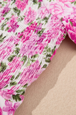 Pink Floral Smocked Puff Sleeve Flowy Midi Dress