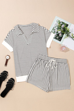 Black Striped V Neck Tee and Casual Shorts Set