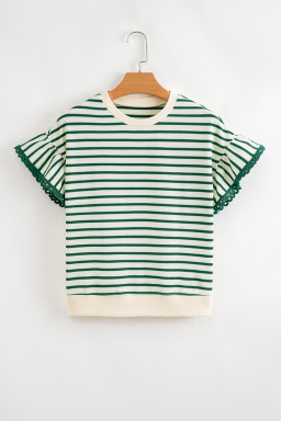 Green Stripe Scallop Lace Trim Ruffle Sleeve Crewneck Top