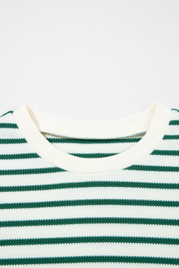 Green Stripe Scallop Lace Trim Ruffle Sleeve Crewneck Top