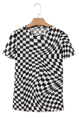Black Checker Mesh Crew Neck T Shirt