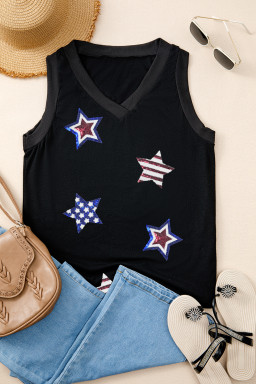 Black Sequin American Flag Star Patched V Neck Tank Top