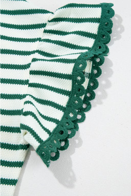 Green Stripe Scallop Lace Trim Ruffle Sleeve Crewneck Top