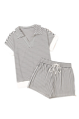 Black Striped V Neck Tee and Casual Shorts Set