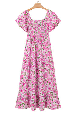 Pink Floral Smocked Puff Sleeve Flowy Midi Dress