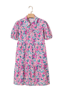 Pink Allover Floral Print Collar Half Button Short Sleeve Loose Dress