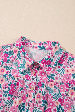 Pink Allover Floral Print Collar Half Button Short Sleeve Loose Dress