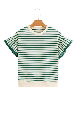 Green Stripe Scallop Lace Trim Ruffle Sleeve Crewneck Top