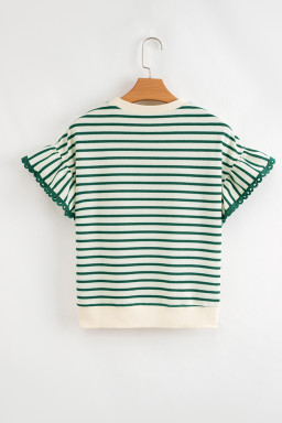 Green Stripe Scallop Lace Trim Ruffle Sleeve Crewneck Top