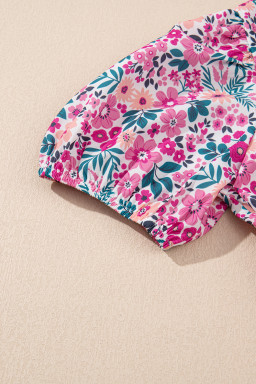 Pink Allover Floral Print Collar Half Button Short Sleeve Loose Dress