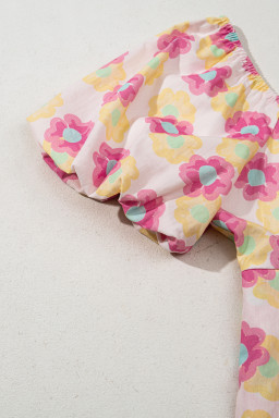 Rose Vibrant Floral Puff Sleeve Pleated Flared Mini Dress