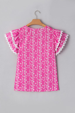 Pink Floral Print Ric Rac Tiered Ruffled V Neck Blouse