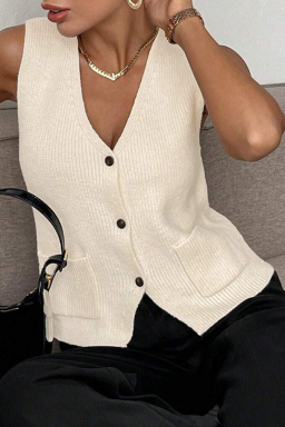 Beige V Neck Pocket Button Knit Sleeveless Top