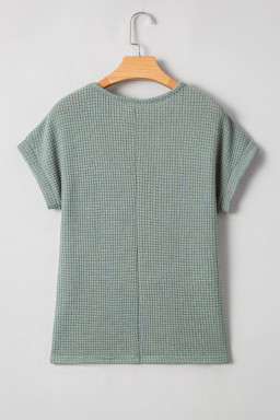 Mist Green Hollow Patchwork Waffle Knit Top