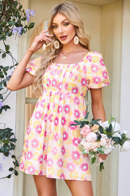 Rose Vibrant Floral Puff Sleeve Pleated Flared Mini Dress