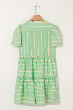 Green Striped V Neck Frill Tiered Mini Dress