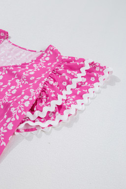 Pink Floral Print Ric Rac Tiered Ruffled V Neck Blouse