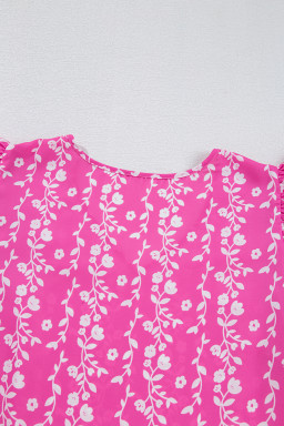 Pink Floral Print Ric Rac Tiered Ruffled V Neck Blouse