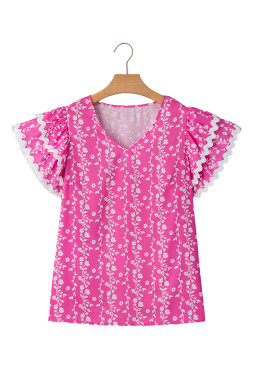 Pink Floral Print Ric Rac Tiered Ruffled V Neck Blouse