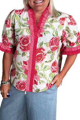 Rose Plus Size Floral Print Frill Neck Short Sleeve Blouse
