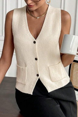 Beige V Neck Pocket Button Knit Sleeveless Top