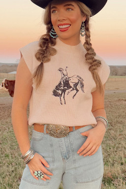 Oatmeal Cowboy Graphic High Neck Short Sleeve Knit Top