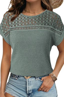 Mist Green Hollow Patchwork Waffle Knit Top