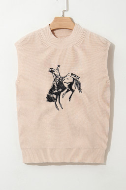 Oatmeal Cowboy Graphic High Neck Short Sleeve Knit Top