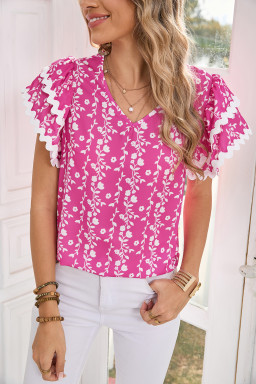 Pink Floral Print Ric Rac Tiered Ruffled V Neck Blouse