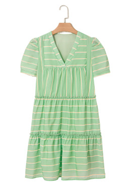 Green Striped V Neck Frill Tiered Mini Dress