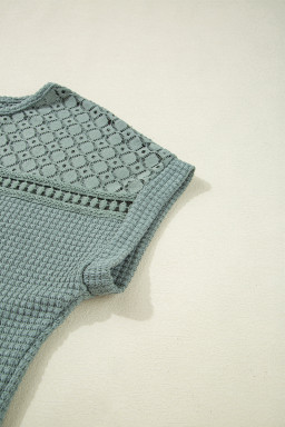 Mist Green Hollow Patchwork Waffle Knit Top