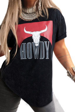 Black HOWDY Steer Head Print Side Slits Graphic T Shirt