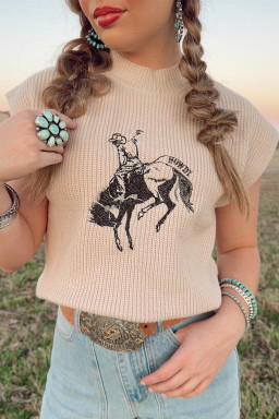 Oatmeal Cowboy Graphic High Neck Short Sleeve Knit Top