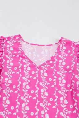 Pink Floral Print Ric Rac Tiered Ruffled V Neck Blouse