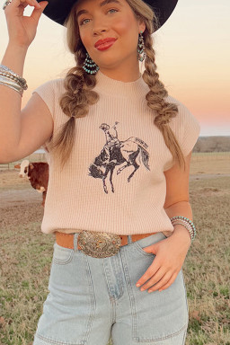 Oatmeal Cowboy Graphic High Neck Short Sleeve Knit Top