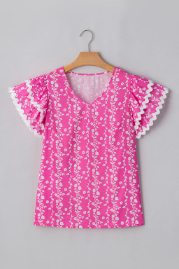 Pink Floral Print Ric Rac Tiered Ruffled V Neck Blouse