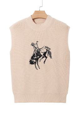Oatmeal Cowboy Graphic High Neck Short Sleeve Knit Top
