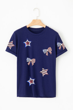 Blue USA Flag Bow Star Sequins Patch Graphic Crewneck T Shirt
