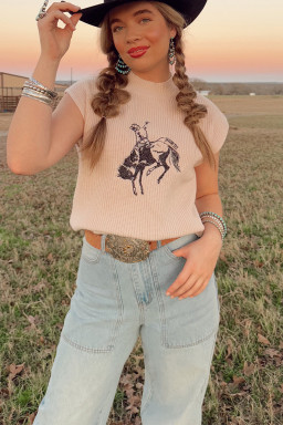 Oatmeal Cowboy Graphic High Neck Short Sleeve Knit Top