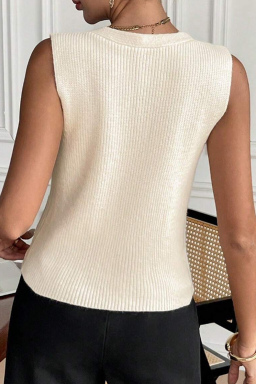 Beige V Neck Pocket Button Knit Sleeveless Top