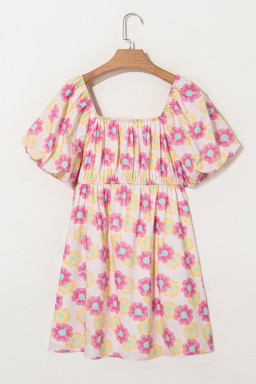 Rose Vibrant Floral Puff Sleeve Pleated Flared Mini Dress