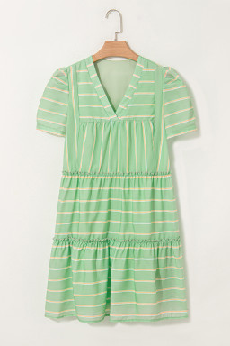 Green Striped V Neck Frill Tiered Mini Dress